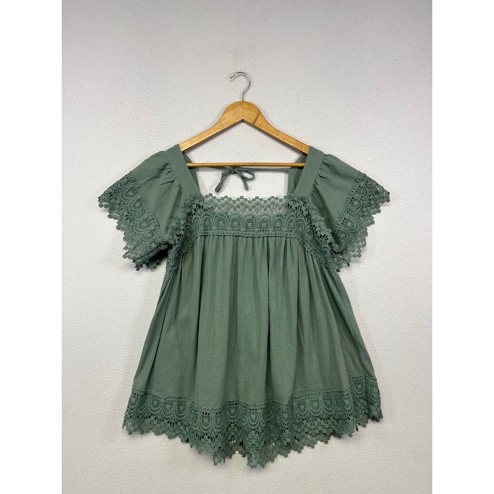 Boho Cottagecore Etheral Womens Medium Sage Green Crochet Lace Babydoll Top